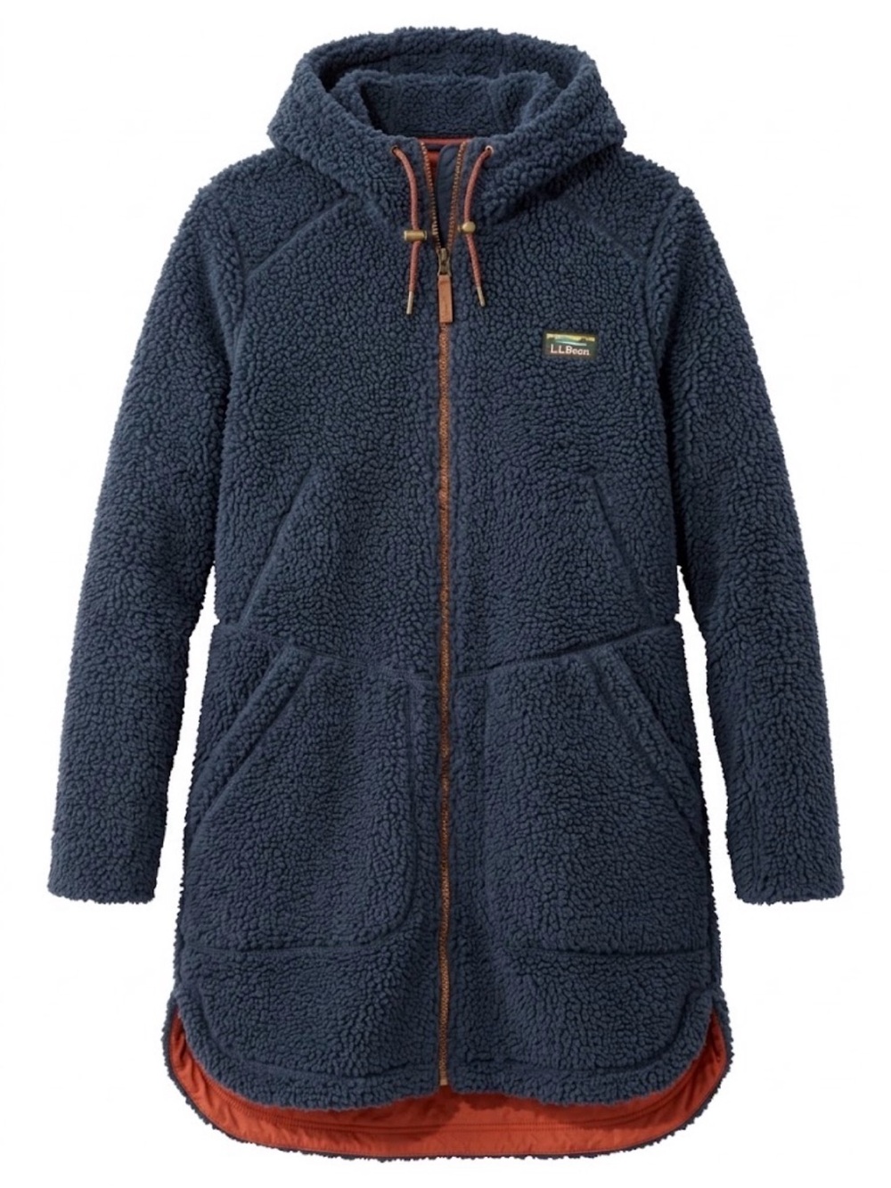 L.L. Bean Women’s Navy Sherpa Hooded Coat with Orange Trim